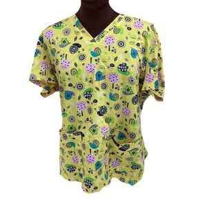 Koi Basics Scrub Top Womens XL Yellow Snail Print V-Neck Medical Uniform Pocket